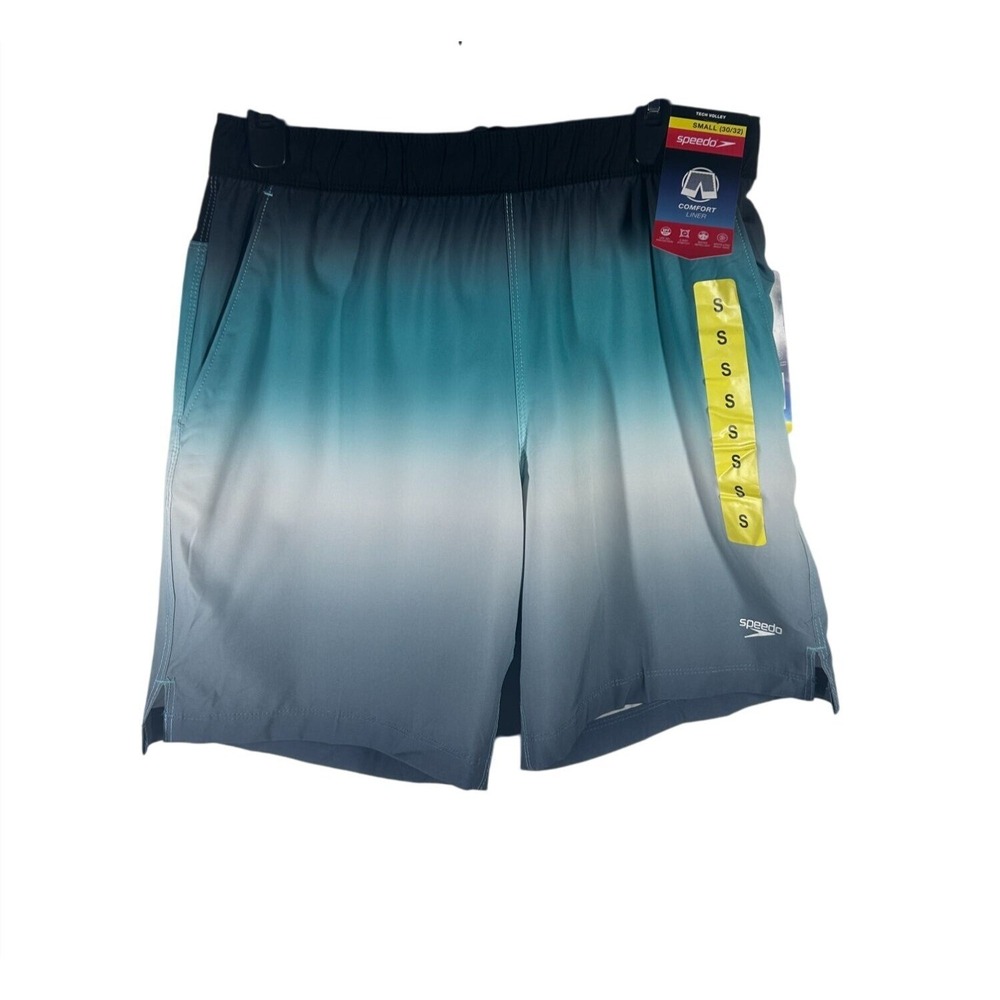 Speedo Tech Volley‎ Mens Swim Trunks Small 30-32 Teal Ombre Comfort Liner New